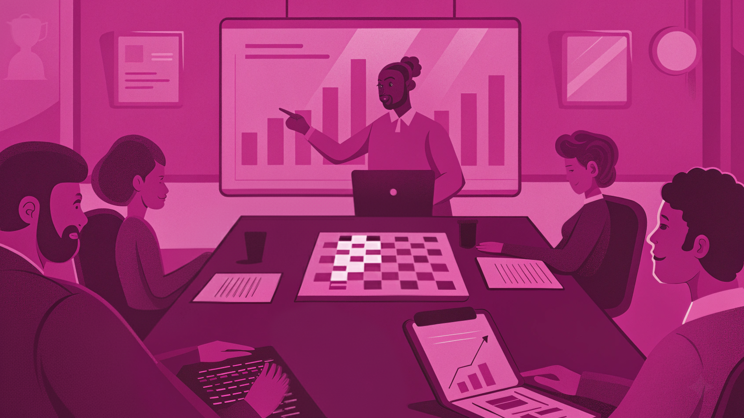 A professional team in a consultancy agency discussing strategy and growth charts, representing the process of choosing a remote staffing company.