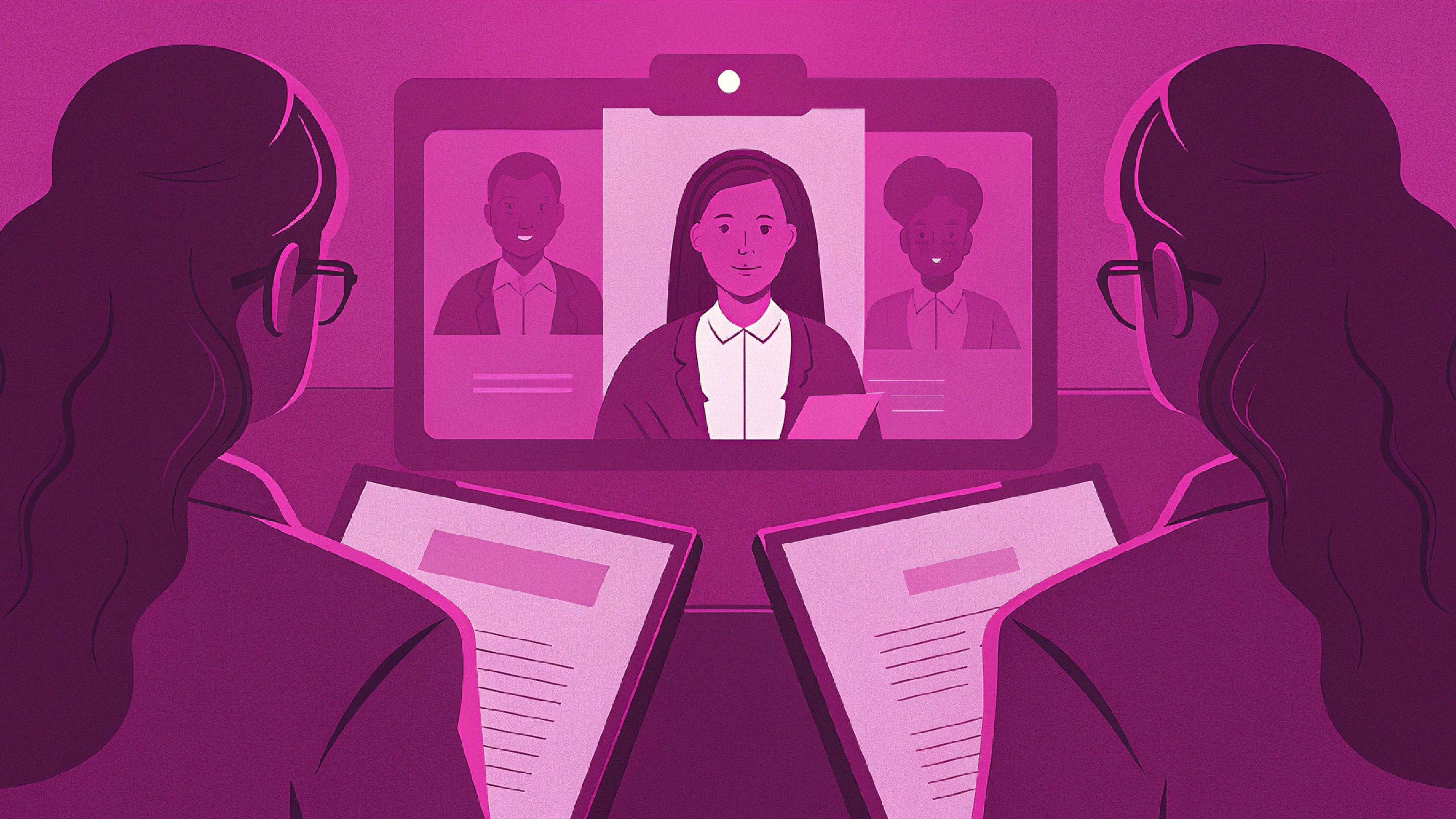 Hiring managers reviewing resumes while conducting a virtual interview for a SAAS business role.