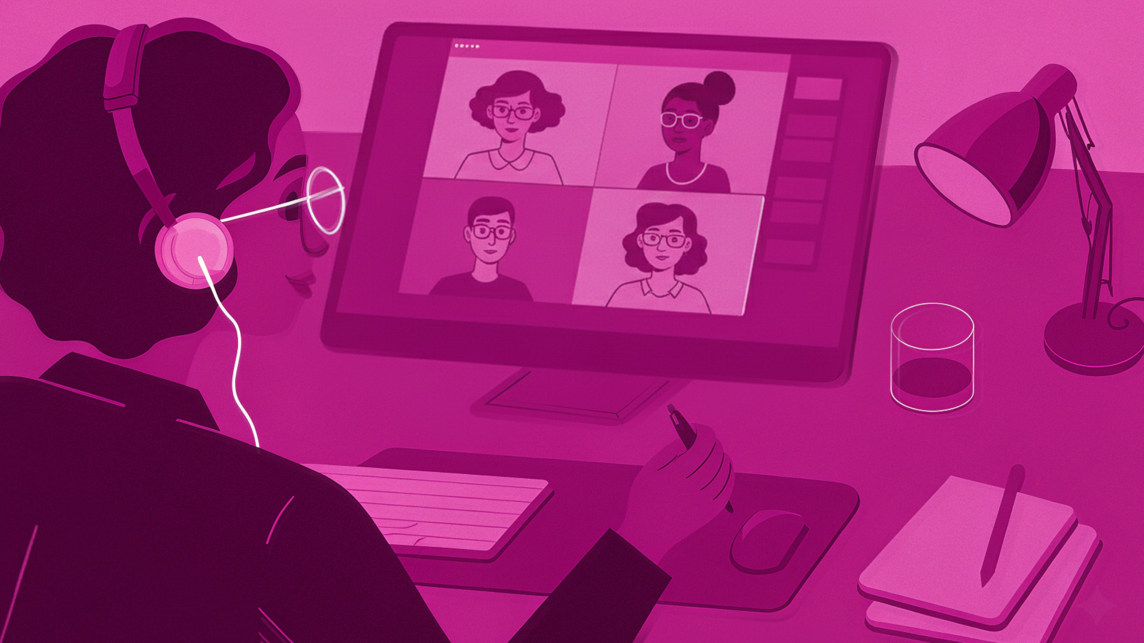 A modern professional wearing headphones and using a stylus, engaged in a virtual meeting with a diverse remote team.